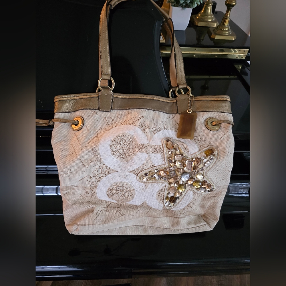 Coach Audrey Starfish Canvas Natural And Gold Rare Tote #17024 Sequin Starfish